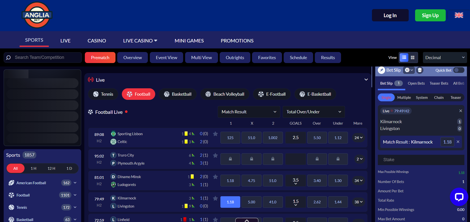 Angliabet interface